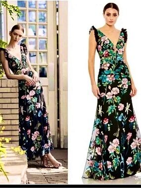 Mac Duggal Black Floral V-Neck Evening Gown with flutter sleeves size 6. NWT